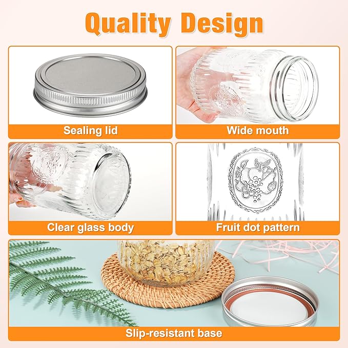 12Pack 32oz Wide Mouth Mason Jars, Glass Mason Jars with Airtight Lids and Bands, Large Canning Jars for Food Storage, Pickling, Meal Prep, DIY Decor, Fruit Print, Safe for Microwave & Dishwasher