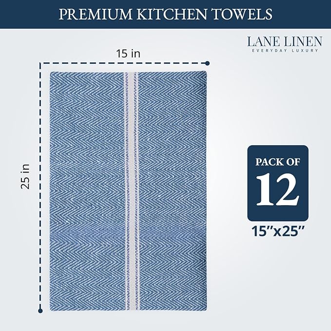 LANE LINEN Kitchen Towels Set - 100% Pure Cotton Dish Towels for Kitchen, Super Absorbent Kitchen Hand Towel, Tea Towels, Soft & Durable Dish Cloths, Pack of 12 – 14”x25”, Indigo