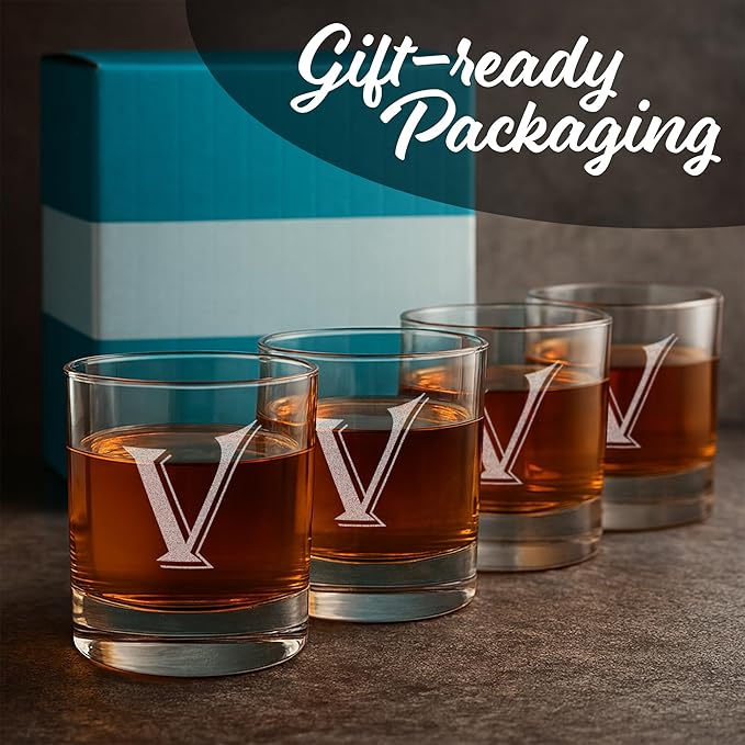 Monogrammed Gifts for Men - 4PC 11 Oz Custom Whiskey Glasses (V-Monogram) - Engraved Whiskey Glasses - Personalized Whiskey Glasses - Unique Bourbon Glasses - Personalized Glass Gifts for Dad