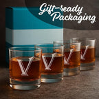 Monogrammed Gifts for Men - 4PC 11 Oz Custom Whiskey Glasses (V-Monogram) - Engraved Whiskey Glasses - Personalized Whiskey Glasses - Unique Bourbon Glasses - Personalized Glass Gifts for Dad