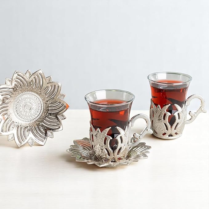 Alisveristime (Set of 2 Turkish Tea Set with Zamac Holders, Glass Cups, and Saucers – Ahsen Ottoman Design, 100ml Capacity, Available in Gold or Silver Color (Silver)