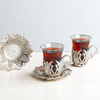 Alisveristime (Set of 2 Turkish Tea Set with Zamac Holders, Glass Cups, and Saucers – Ahsen Ottoman Design, 100ml Capacity, Available in Gold or Silver Color (Silver)