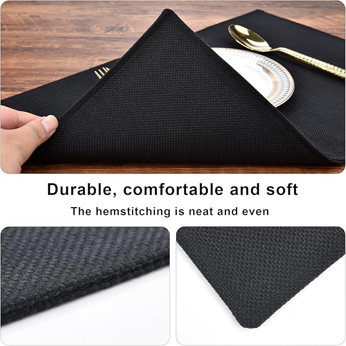 Black Cloth Placemats Set of 6 - Double Thickened Easy to Clean Linen Style Fabric Placemats - Machine Washable Placemats- Heat Resistant Non-Slip Table Mats - 18x12 Inch (Black, 6)