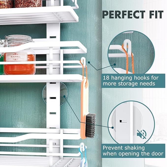 Over The Door Pantry Organizer，6-Tier Over The Door Organizer with Adjustable Basket，Metal Hanging Pantry Organizers and Storage for Kitchen, Back of Door Seasoning Rack (White)