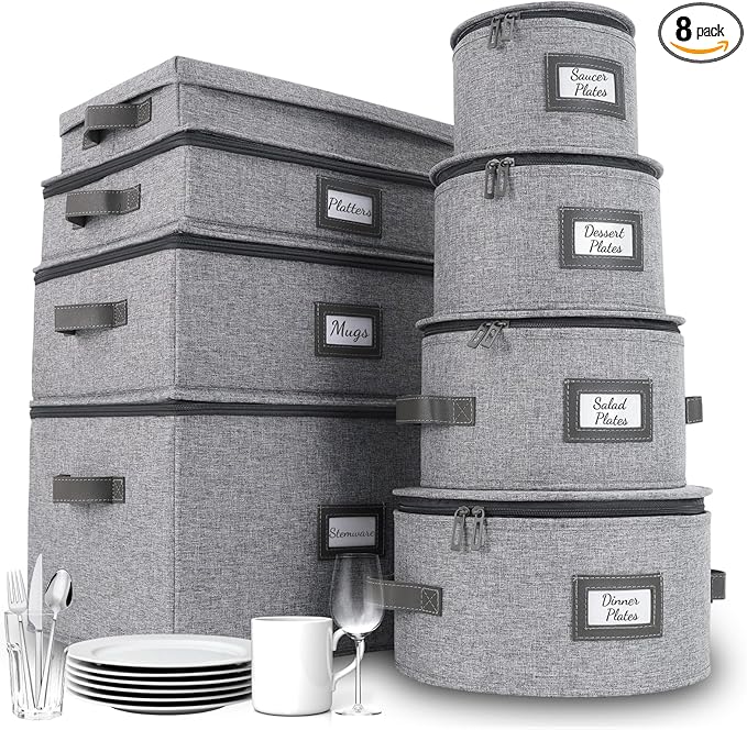 HOMELUX THEORY Hard Shell China Storage Containers, 8pc Light Gray Mug & Plate Storage Box, Kitchen Storage Bins With Lids, Heavy Duty Moving Box with Handles for Dishes, Silverware, Cup & Mug