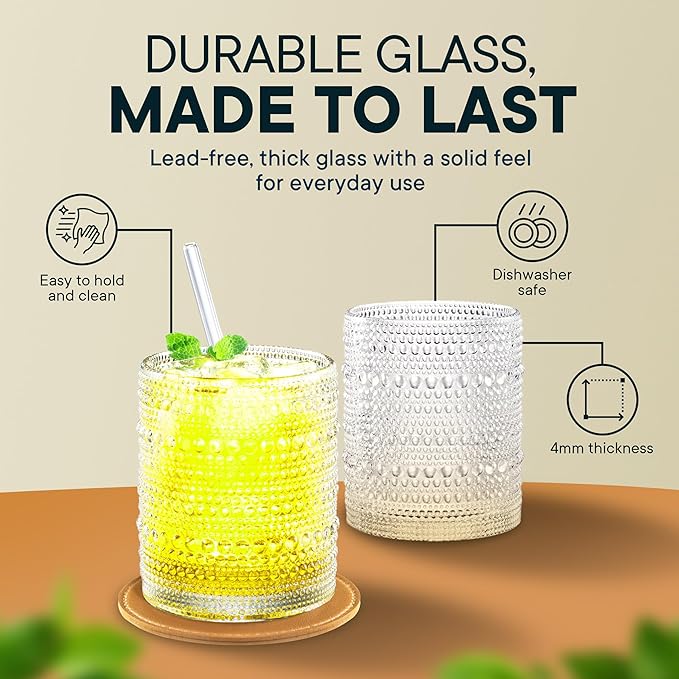 12 OZ Hobnail Drinking Set of 12 – Vintage Embossed Glassware, Textured Tumblers for Water, Beer, Cocktails, Mocktails, Whiskey & More – Includes Straws and Coasters – Clear
