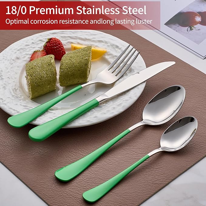 Grass Green Silverware Set 20 Piece 18/0 Stainless Steel Flatware Grass Green Handle Cutlery Set Service for 4 Fork Knife Spoon Set Mirror Finish Dishwasher Safe