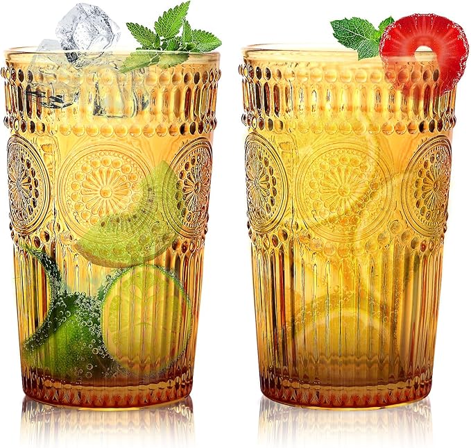 6pcs Vintage Drinking Glasses Set, 12 oz Amber Highball Glasses, Embossed Ribbed Glassware Cups for Thanksgiving Cocktail, Juice, Whiskey