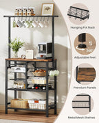 Pots and Pans Organizer Rack, Kitchen Bakers Rack, Multi-Tier Storage Shelf, Kitchen Island Table, Cooking Rack with Pots and Pans Storage, Rustic Brown and Black TPR60BF