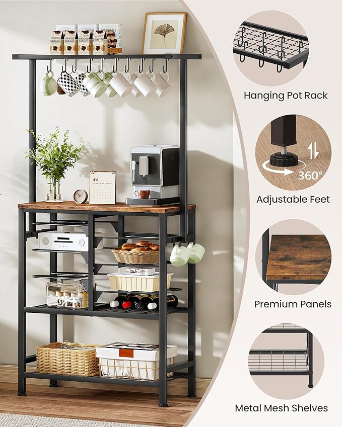Pots and Pans Organizer Rack, Kitchen Bakers Rack, Multi-Tier Storage Shelf, Kitchen Island Table, Cooking Rack with Pots and Pans Storage, Rustic Brown and Black TPR60BF