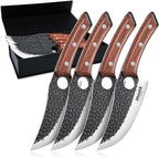 Huusk Viking Knives Set of 4, Japanese Butcher Knife Set for Meat Cutting, Hand Forged Boning Knife with Wood Handle, Japanese High Carbon Steel, for Camping, Outdoor, BBQ, Father's Day Gifts for Dad
