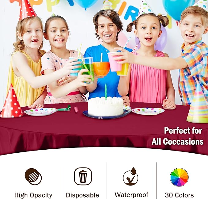 Party Solids 12-Pack Premium Plastic 84-Inch Round Tablecloth, Burgundy