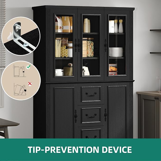 YITAHOME 71" H x 47" W Kitchen Pantry with 3 Drawers, Large Storage Cabinet with 3 Glass Doors & Adjustable Shelves, Freestanding Tall Display China Cabinet for Living & Dining Room, Black