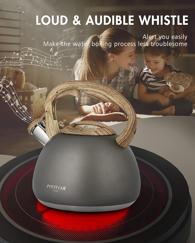 POLIVIAR Tea Kettle, Iron Grey Tea Pot Stovetop, 2.7 Quart Loud Whistling Coffee and Teapot, Food Grade Stainless Steel for Anti-Hot Handle and No-Rust, Suitable for All Heat Sources (JX2020-QB30)