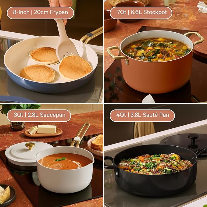 Our Place 11-Piece Essentials Complete Cookware Set - Ceramic Fry Pan, Saucepan, Sauté Pan, Stock Pot, Strainer Basket & Rack Storage | Thermakind™ Nonstick, Oven Safe up to 450°F | Terracotta