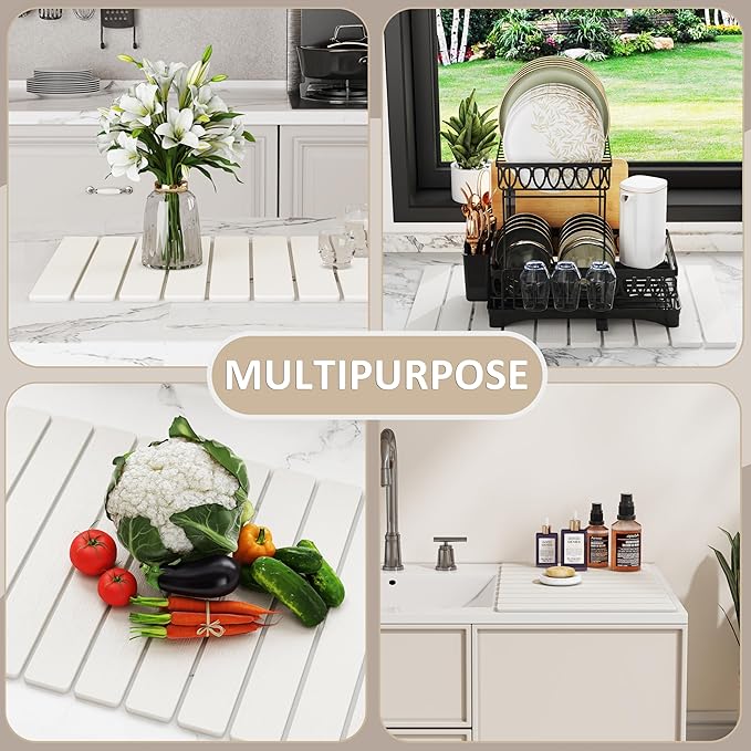 Stone Drying Mat for Kitchen Counter, Collapsible Dish Drying Mat, Large Quick Drying Absorbent Diatomaceous Earth Mats for Kitchen Dish Racks Bottles Cups 24"(L)×16"(W), Fit Most Countertop