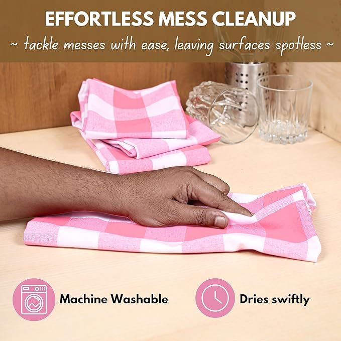 Native Fab Pink Checked Kitchen Towel 16"x26" - 12 Pack Buffalo Plaid Cotton Dish Towels - Absorbent Dishcloth Set, Soft Reusable Towels with Hanging Loop - Pink White