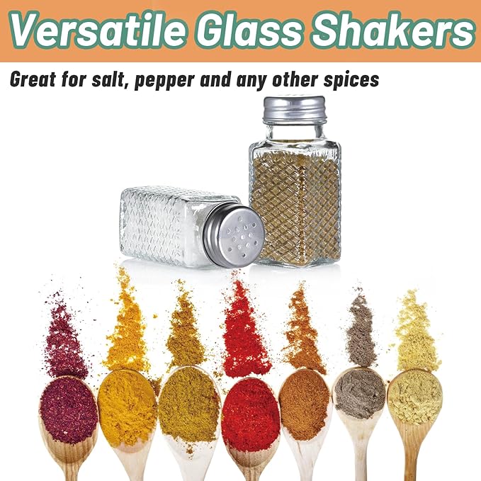 2 Pack Glass Salt and Pepper Shakers Set, Vintage Spice Shakers for Dining Room Table, Kitchen, Restaurant (Grid Pattern)