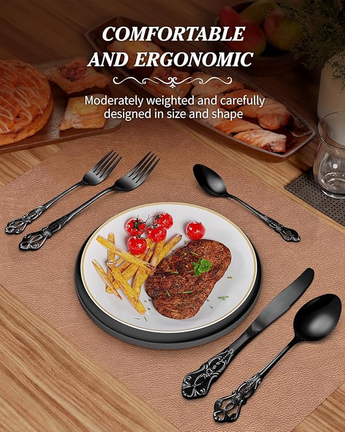 48 Pieces Black Silverware Set for 8, Retro Royal Flatware Set with Steak Knives, Gorgeous Stainless Steel Cutlery Utensil Set Include Forks Spoons and Knives, Mirror Finish,Dishwasher Safe