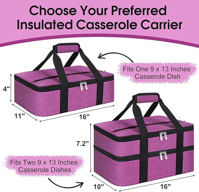 Double Insulated Casserole Carrier, Portable Casserole Carrier for Hot or Cold Food Lunch Tote Warmer or Cooler Bag, Lasagna Lunch Bag for Potluck Parties- Fits 9" x 13" Baking Dish-Rose Purple
