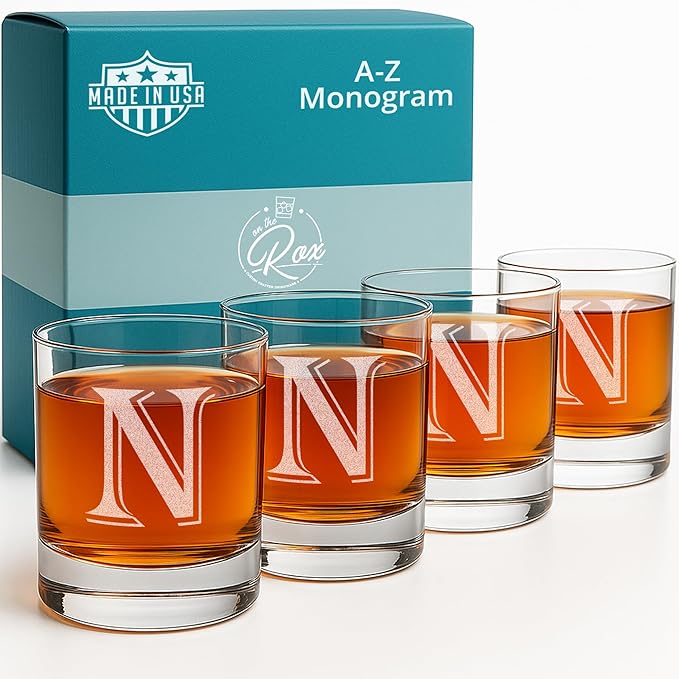 Monogrammed Gifts for Men - 4PC 11 Oz Custom Whiskey Glasses (N-Monogram) - Engraved Whiskey Glasses - Personalized Whiskey Glasses - Unique Bourbon Glasses - Personalized Glass Gifts for Dad