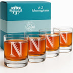 Monogrammed Gifts for Men - 4PC 11 Oz Custom Whiskey Glasses (N-Monogram) - Engraved Whiskey Glasses - Personalized Whiskey Glasses - Unique Bourbon Glasses - Personalized Glass Gifts for Dad