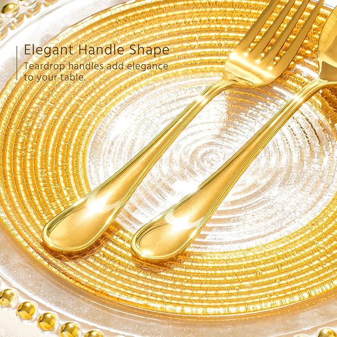 KINGSTONE 40 Piece Teardrop Silverware Set for 8, 18/10 Stainless Steel Flatware Set, Modern Design Cutlery Set for Home/Hotel/Wedding,Mirror Polished and Dishwasher Safe, Gold