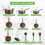 NutriChef 14-Piece Nonstick Brown Cookware Set - Scratch-Resistant Kitchen Pots and Pans with Lids & Utensils, For All Cooktops - NCCW14SBR