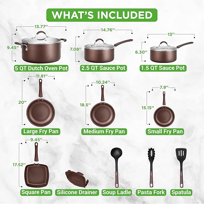 NutriChef 14-Piece Nonstick Brown Cookware Set - Scratch-Resistant Kitchen Pots and Pans with Lids & Utensils, For All Cooktops - NCCW14SBR