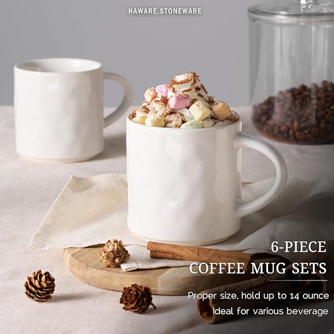 HaWare 14OZ Coffee Mugs Set of 6, Stoneware Coffee Cups with Handle, Latte Mug for Man, Woman, Dad, Mom, Modern Tea Mugs for Latte/Cappuccino/Cocoa/Milk, Dishwasher& Microwave Safe, Speckled White