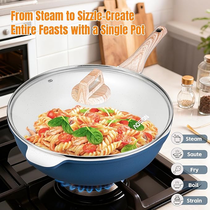 AOSION 12 Inch Nonstick Ceramic Deep Frying Pan,5.5QT Sauté Pan with lid,Large Skillet with Steam Rack,Healthy Jumbo Cooker,Stay Cool Handle,Induction Compatible, PFOA & PFAS Free. (BLUE)