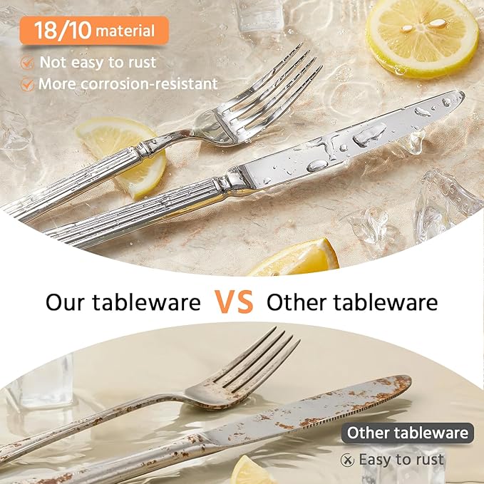 KINGSTONE Silverware Set, 18/10 Stainless Steel Flatware Set - Roman Column Embossed Thick Handle, for Wedding, Home, Restaurant, Camping and Party, Mirror Polish & Dishwasher Safe (10-Piece)