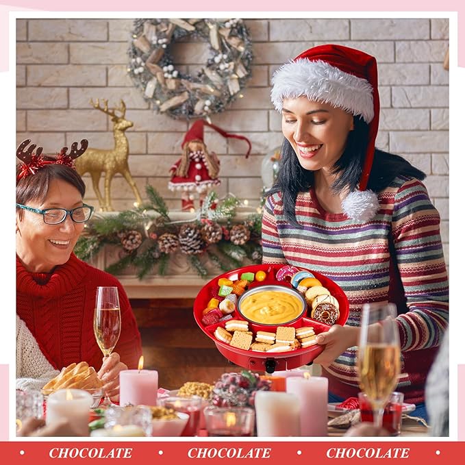 Lallisa Electric Fondue Pot Set, Chocolate Fondue Kit, Electric Fondue Maker, detachable Serving Trays with 4 Roasting Forks, gift Set for Date Night House Warming Melting Parties (Red)