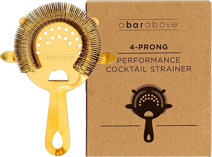 A Bar Above 4-Prong Cocktail Strainer, Stainless Steel Strainer with High-Density Spring for Smooth Drink Pouring, Fits Boston Shakers and Mixing Glasses, Bar Accessories, Gold