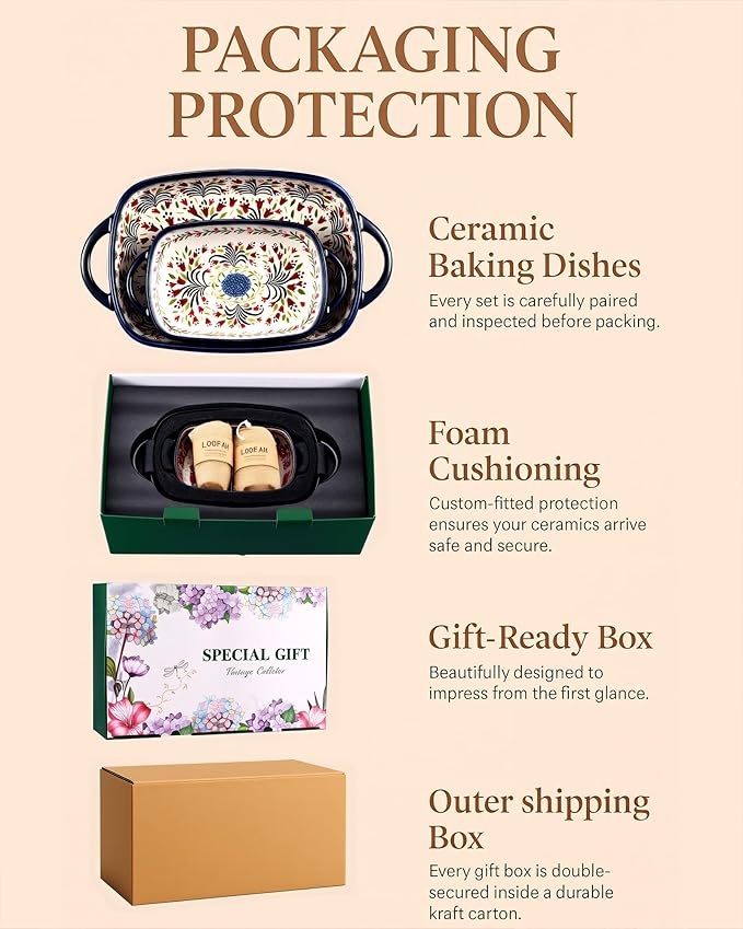Ceramic Baking Dish Set of 2 – Decorative Polish Pottery Style Casserole Dishes with Handles, Cute Oven-Safe Lasagna Bakeware Gift Set