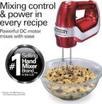 Hamilton Beach Professional 5-Speed Electric Hand Mixer with High-Performance DC Motor, Slow Start, Snap-On Storage Case, Stainless Steel Beaters, Dough Hooks & Whisk, Red and Chrome (62653)