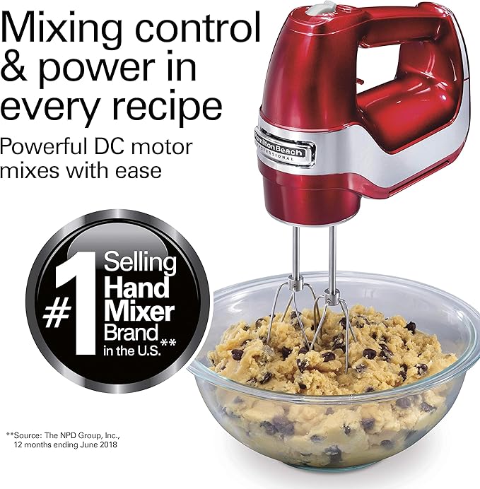 Hamilton Beach Professional 5-Speed Electric Hand Mixer with High-Performance DC Motor, Slow Start, Snap-On Storage Case, Stainless Steel Beaters, Dough Hooks & Whisk, Red and Chrome (62653)