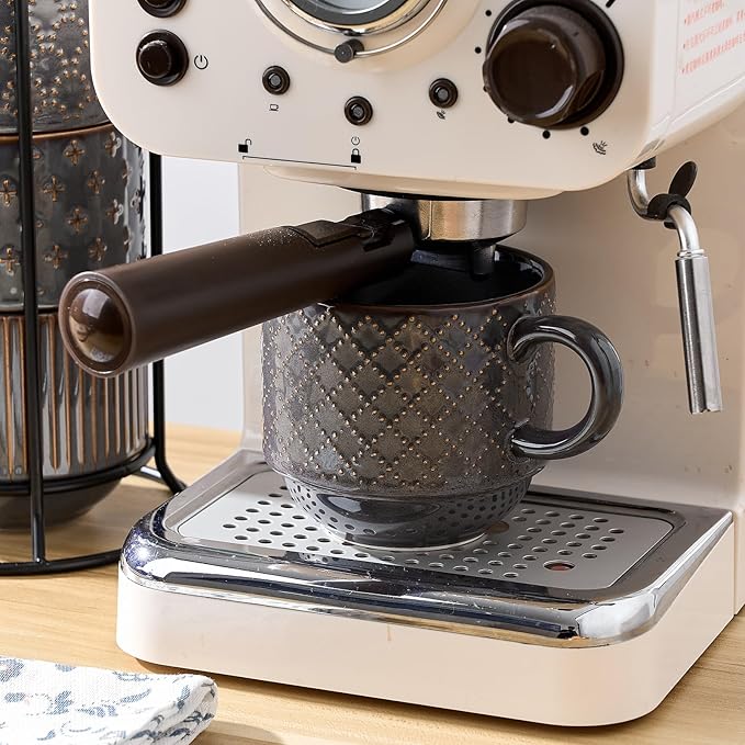 JIEMEI HOME Large Ceramic Coffee Mug Set of 4 with Stand, 15 Oz Stackable Embossment Ribbed Latte Cup Set for Cappuccino, Latte, Tea, Hot Cocoa, Drinks - Dishwasher & Microwave Safe, Dark Purple