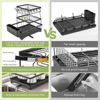 Dish Drying Rack for Kitchen Counter - 3 Tiers Stainless Steel Over Sink Dish Drainers, Space Saving Detachable Large Countertop Organizer with Utensil Holder, Cutting Board Rack (Black)