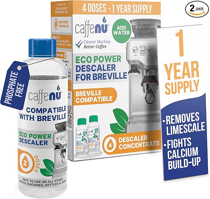 Breville Compatible Descaling Solution. 2 Bottles of Descaler Solution. Descaling Kit Removes Limescale For Hotter Coffee. 4 Uses Descaler For Breville Coffee Machines.