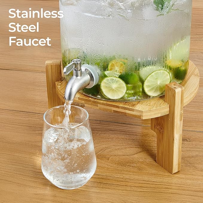 Beverage Dispenser 3.5 Gallon with Spigot Glass Water Dispenser for Parties, Bars, Restaurants (13L）with Wood Stand Drink Dispensers