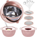 4-1 Colander with Bowl Set - Food Strainer with Graters & Spoons - Colanders for kitchen - Strainers and Colanders - Strainer Bowl Fruit Cleaner with Colander Pasta Rice Strainer for Veggie Wash Pink
