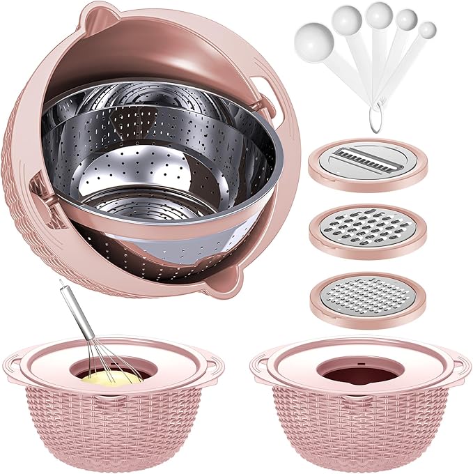 4-1 Colander with Bowl Set - Food Strainer with Graters & Spoons - Colanders for kitchen - Strainers and Colanders - Strainer Bowl Fruit Cleaner with Colander Pasta Rice Strainer for Veggie Wash Pink