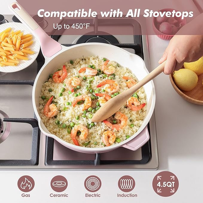 SENSARTE Nonstick Ceramic Skillet with Lid 10/11/12-inch, 4.5QT Non Toxic Deep Frying Pan, Saute Pan with Lid, Stay-cool Handle, Healthy Cooking Pot, Induction Compatible, Pink