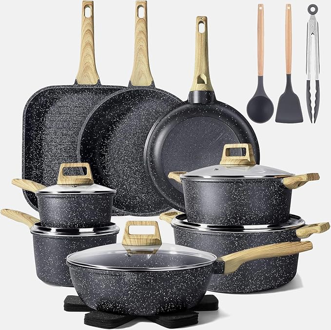 GiPP 21Psc Pots and Pans Set Non Stick - Grey Granite Kitchen Cookware Sets Nonstick Induction Cookware Non-toxic Cooking Pan Set with Silicone Utensils, PFOS and PFOA Free