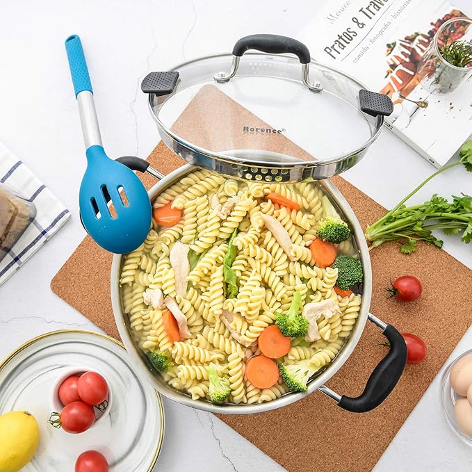 Rorence Stainless Steel Stock Pot with Lid: 6 Quart Stockpot Pasta Pot with Two Side Spouts, capsule Bottom, Strainer Glass Lid