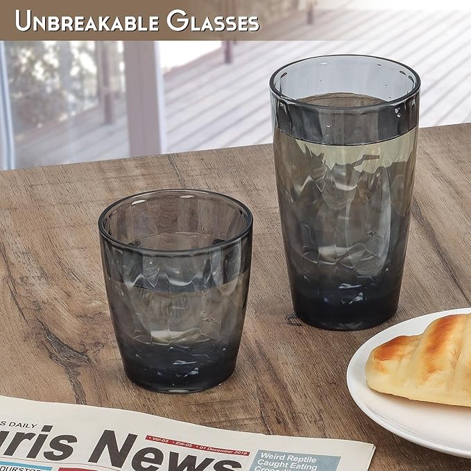 Topsky Plastic Tumblers Reusable,Shatter Proof Cups Drinking Glasses,Unbreakable Plastic Tumblers Beverage Acrylic Juice Wine Cups for Home Picnic Party,Dishwasher Safe,Stackable|10-oz&16-oz|Gray