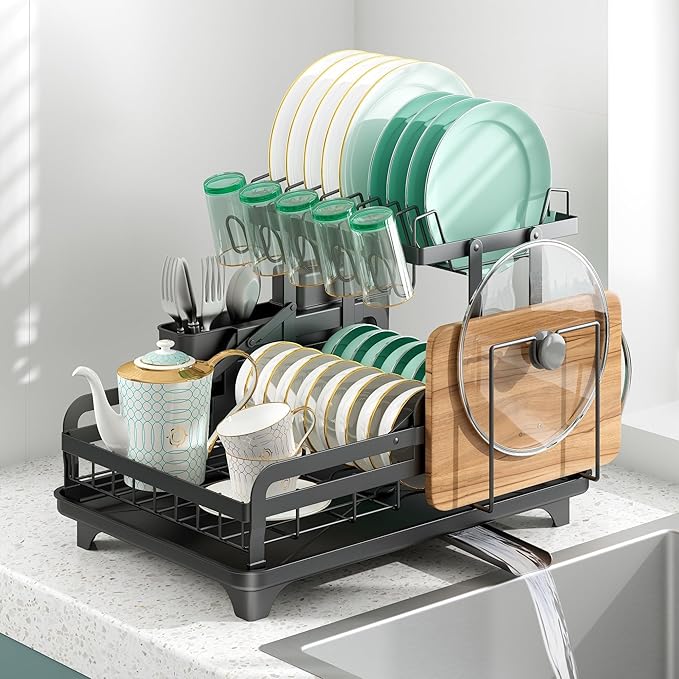 2 Tier Metal Dish Drying Rack Without Installation Sturdy Dish Racks for Kitchen Counter with Drain Board Multifunctional Storage and Drainage Apartment Essentials Medium Size