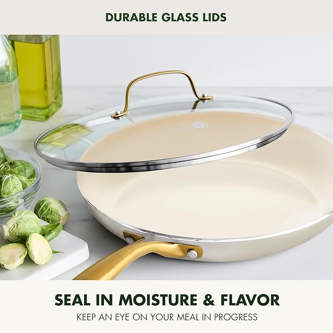 GreenPan Swift 12" Ceramic Nonstick Frying Pan Skillet with Lid, PFAS & PFOA-Free Healthy Cooking, Gold Stainless Steel Handle, Versatile Cooking Essentials, Dishwasher & Oven Safe, Cream