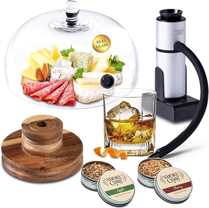 Food and Drink Smoker Kit with Smoke Gun, 8" Smoking Cloche Glass Dome, Acacia Cocktail Smoke Top and Wood Chips (Apple & Cherry) - Whiskey Smoker Kit - Gifts for Men